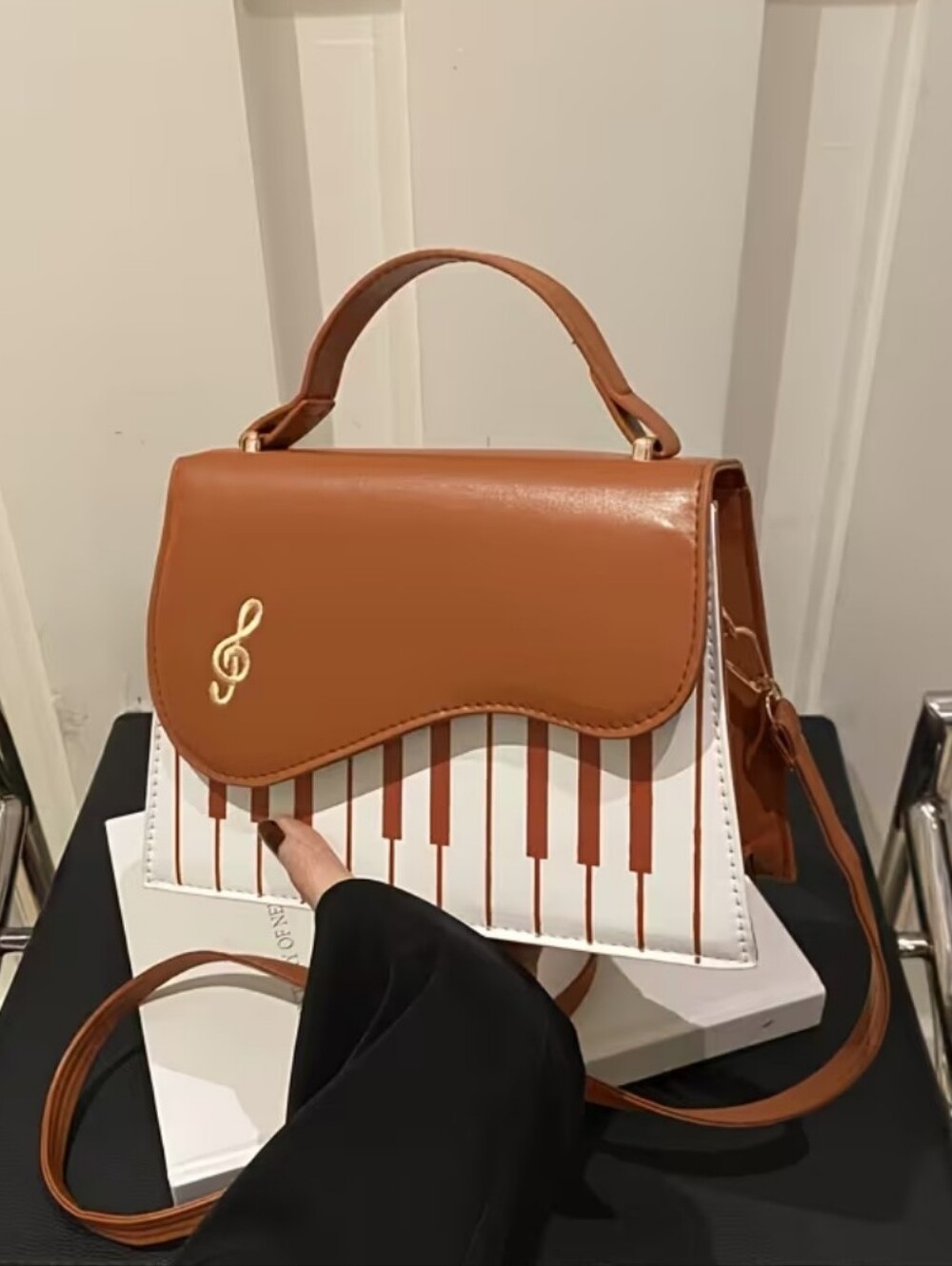 Cute Brown and White Piano-Print Small Size Shoulder Bag